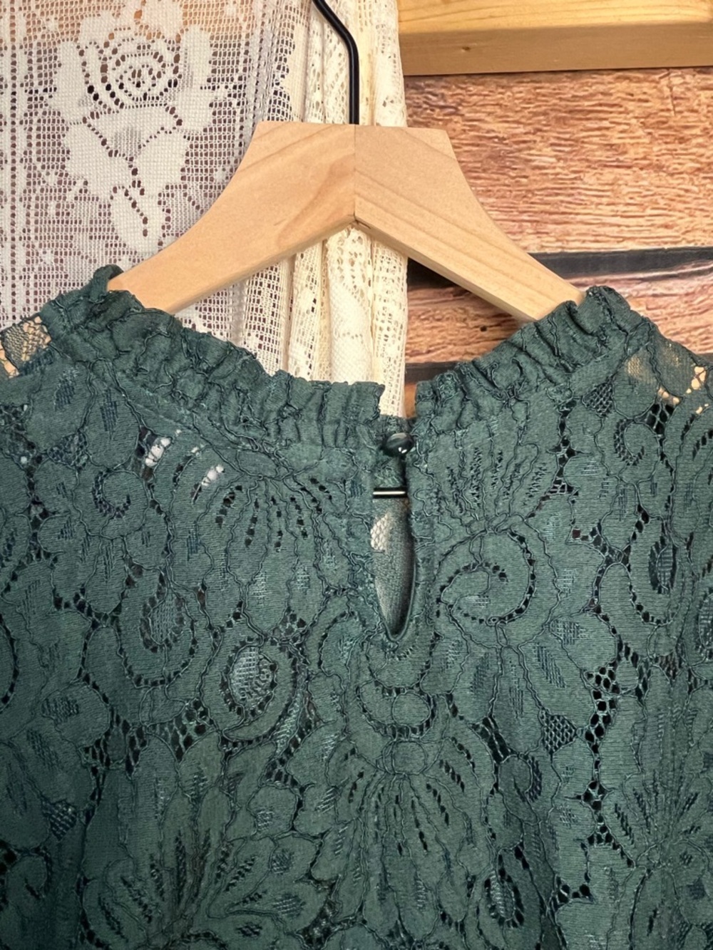 Adiva Dark Green Lace Ruffle-Neck Blouse (237) - Picture 9 of 9